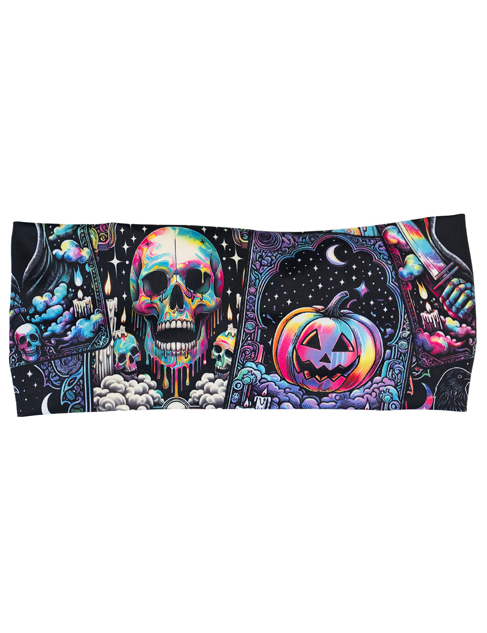 front of the Colorful Halloween-themed headband with skulls, ghosts, and pumpkins against white background