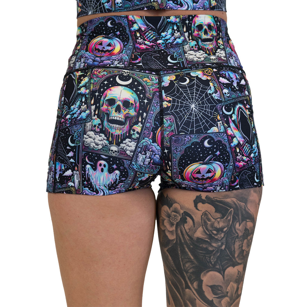 back of the Colorful skull and ghost patterned shorts
