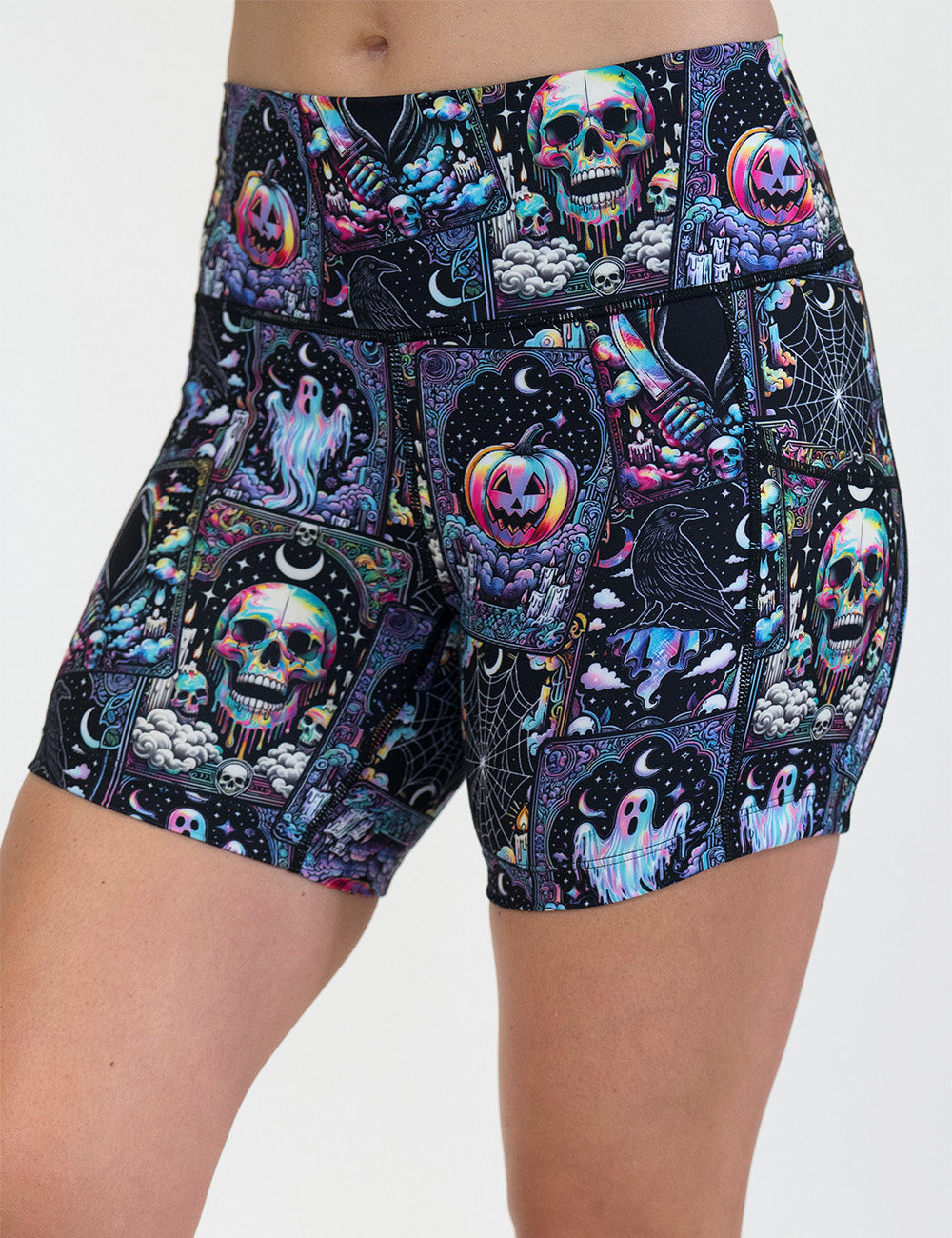 front of the rainbow skulls, jack o lantern, and ghosts 5 inch shorts against a white background