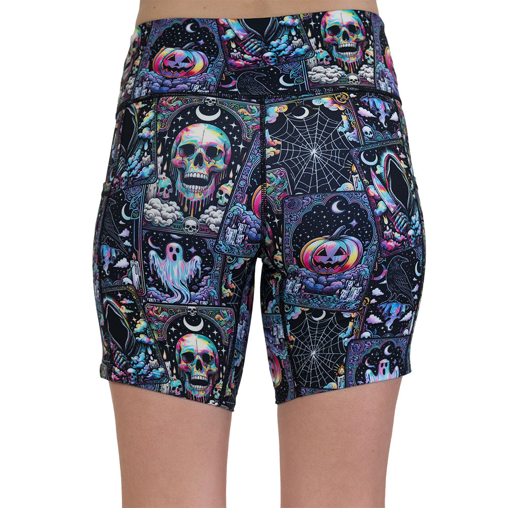 back of the Colorful skull and ghost patterned shorts