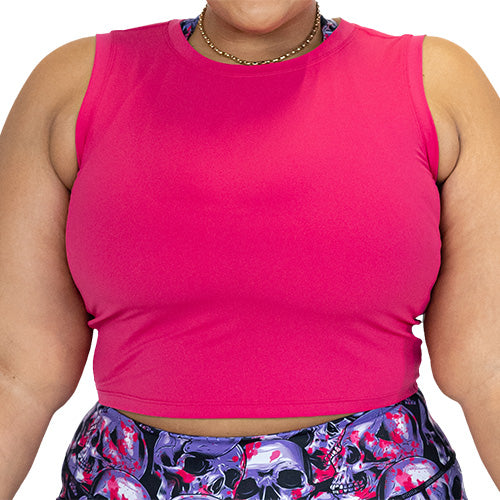 front of solid pink fitted crop top