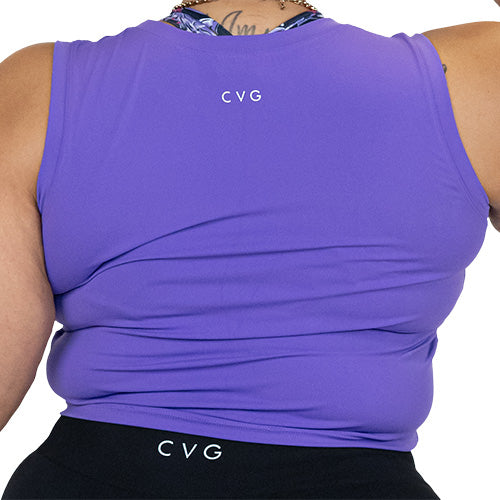back of solid purple fitted crop top
