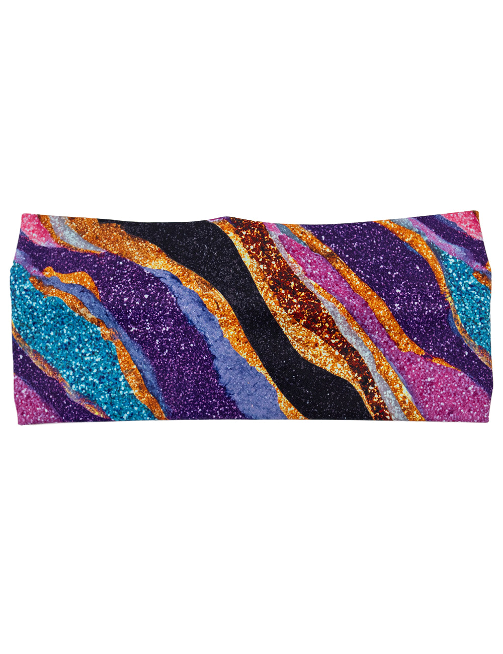 front of the purple, gold, black, blue, and pink abstract stripes headband