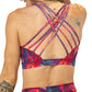 back of colorful bounty huntress patterned sports bra