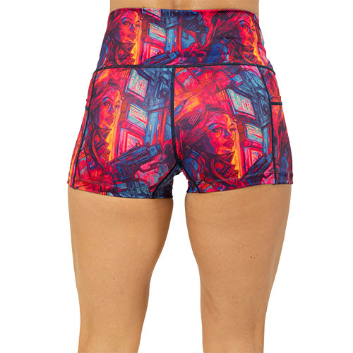 back of 2.5 inch colorful bounty huntress patterned shorts