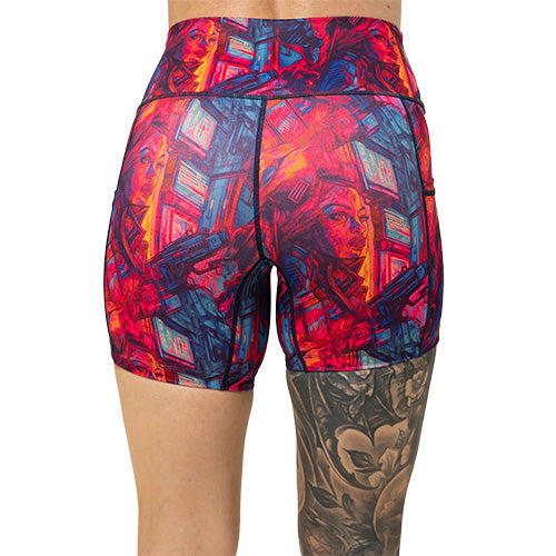 back of 5 inch colorful bounty huntress patterned shorts