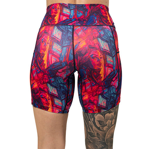 back of 7 inch colorful bounty huntress patterned shorts
