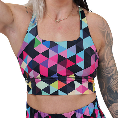 rainbow color block patterned sports bra