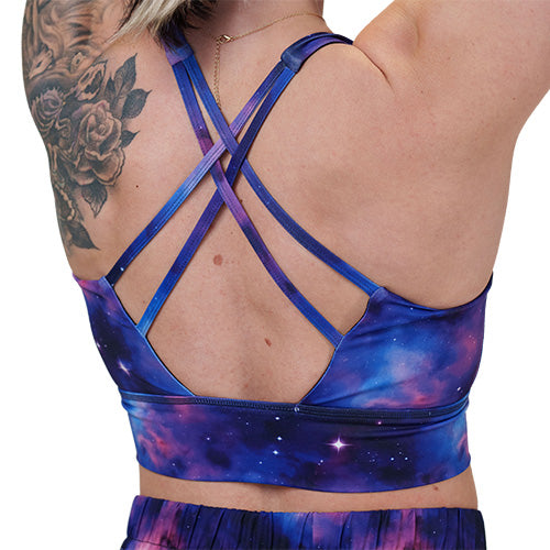 back of the galaxy print sports bra