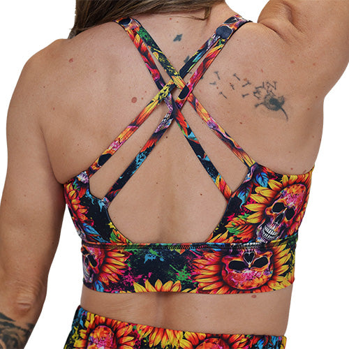 back of the skull flower patterned sports bra