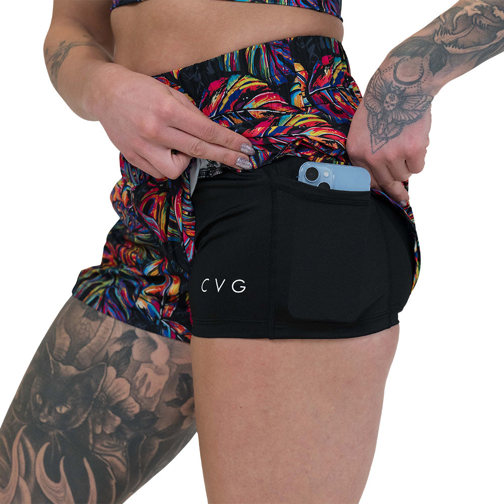 side pocket on the colorful palm tree leaf print shorts