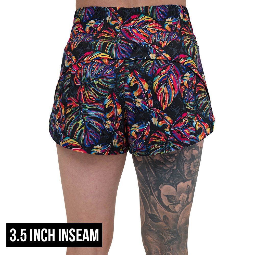 back of the 3.5 inch inseam colorful palm tree leaf print shorts