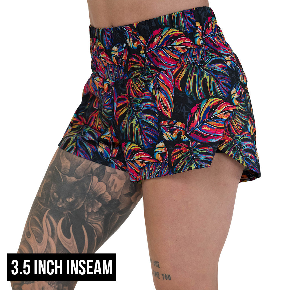 3.5 inch inseam colorful palm tree leaf print shorts