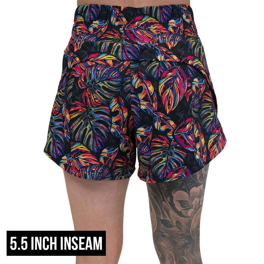 back of the 5.5 inch inseam colorful palm tree leaf print shorts