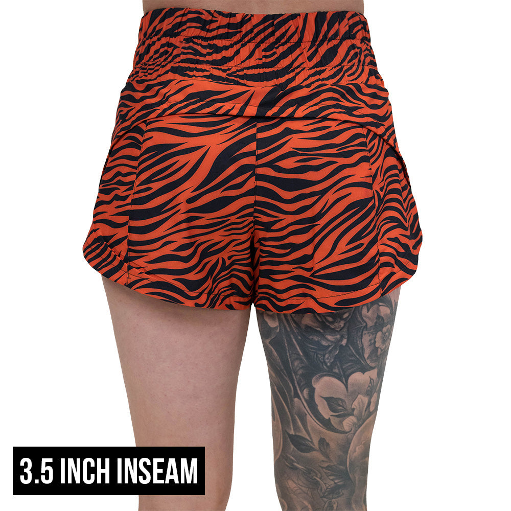 back of the 3.5 inch inseam tiger print shorts