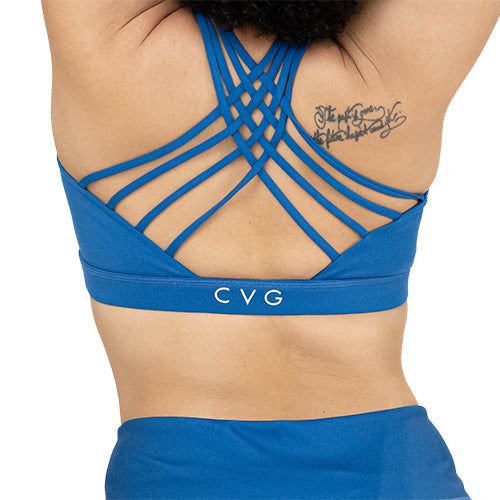 solid blue sports bra back