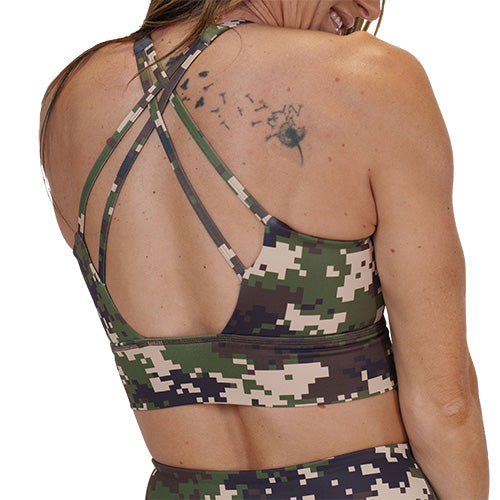 back of the digital camo print sports bra