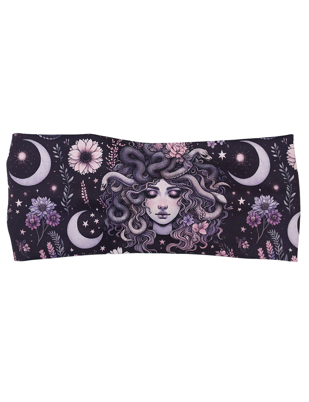 front of the purple medusa with flowers headband against a white background