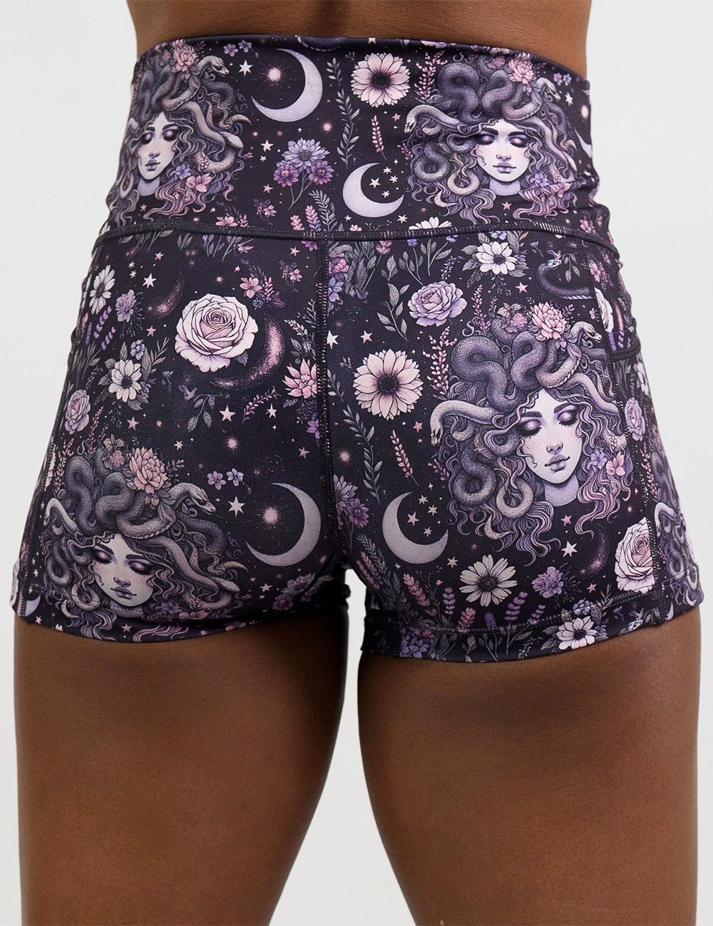 back of the purple medusa with flowers 2.5 inch shorts against a white background