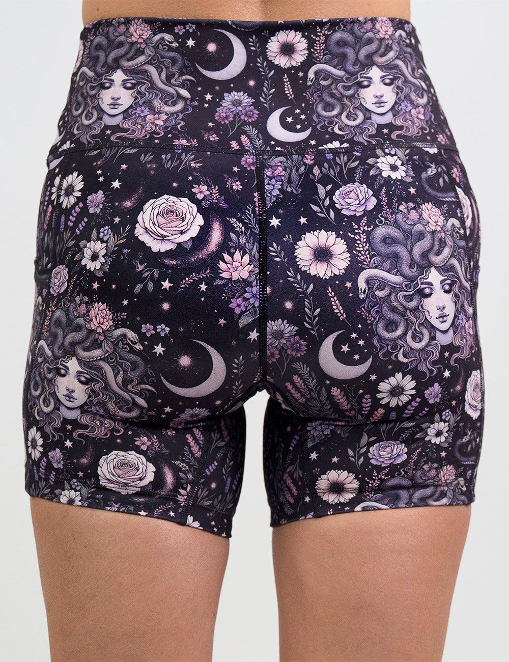 back of the 5 inch purple medusa with flowers shorts against a white background