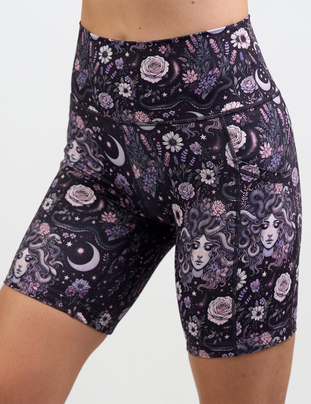 front of the purple medusa with flowers  7 inch shorts against a white background