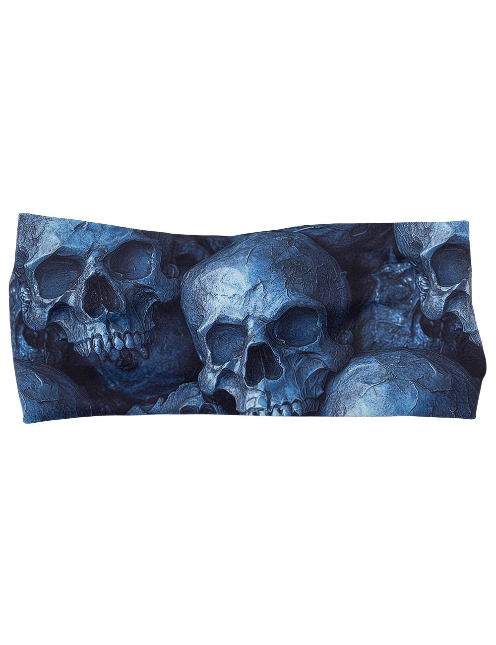 front of the cool blue skulls headband against a white background