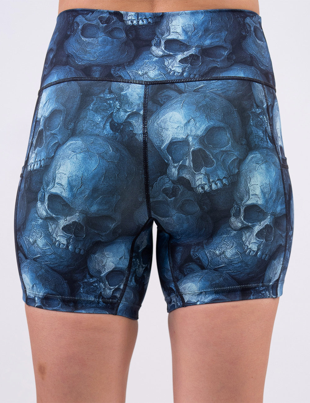 back of the 5 inch cool blue skulls shorts against a white background