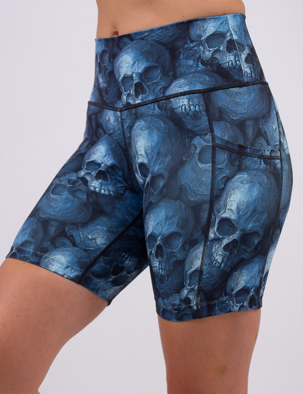 front of the 7 inch cool blue skulls shorts against a white background
