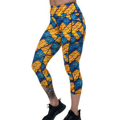 capri length blue and yellow dragon scale print leggings