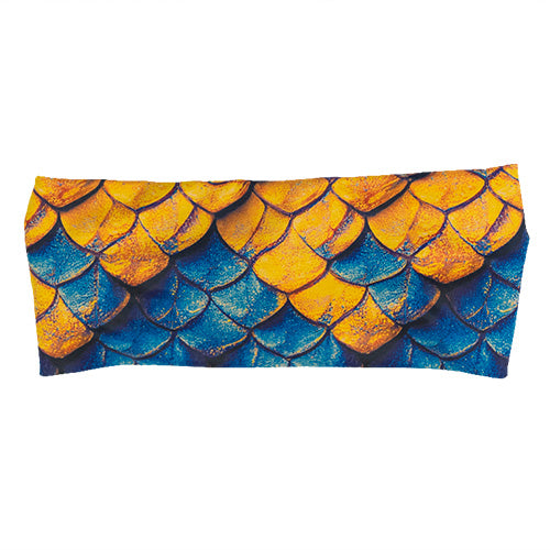 blue and yellow dragon scale print headband