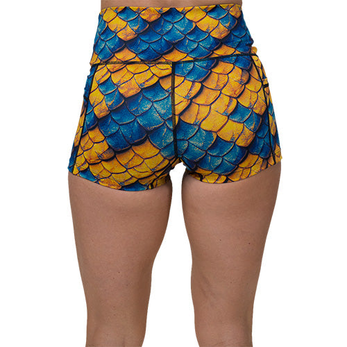 back of 2.5 inch blue and yellow dragon scale print shorts