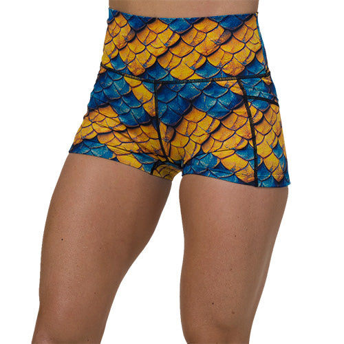 2.5 inch blue and yellow dragon scale print shorts