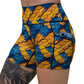 blue and yellow dragon scale print short's side pocket