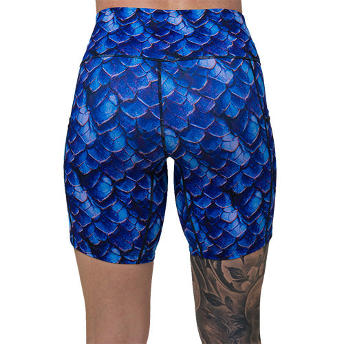 back of 7 inch blue dragon scale print shorts