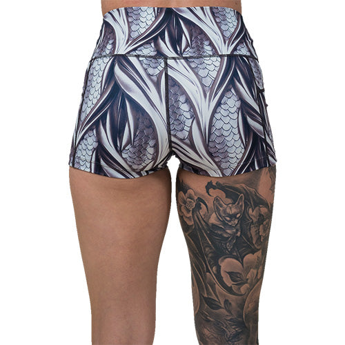 back of 2.5 inch grey dragon scale print shorts