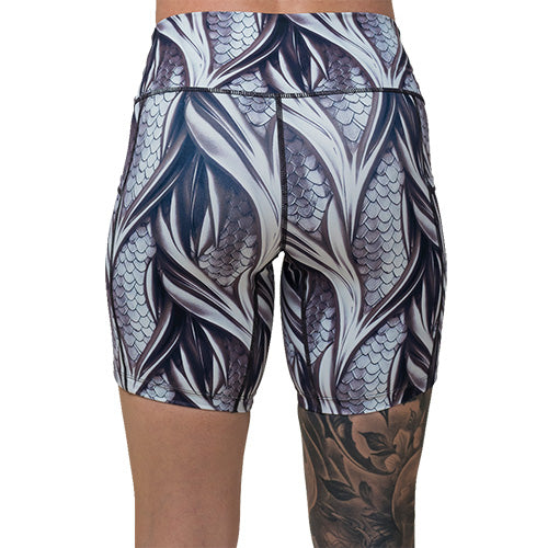 back of 7 inch grey dragon scale print shorts