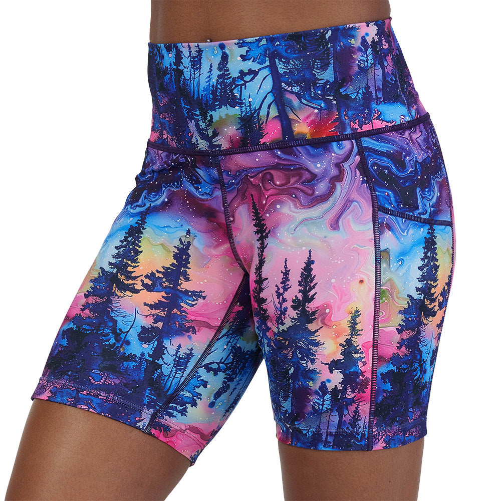 watercolor rainbow patterned forest 7 inch shorts facing the front against a white background