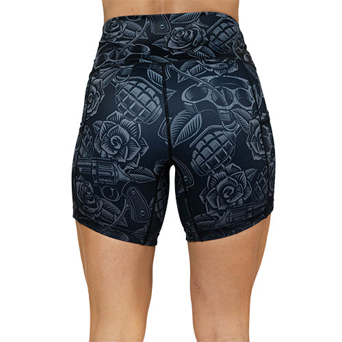 back view of grey tattoo pattern shorts
