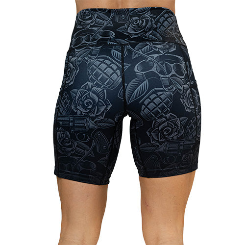 back view of grey tattoo pattern shorts