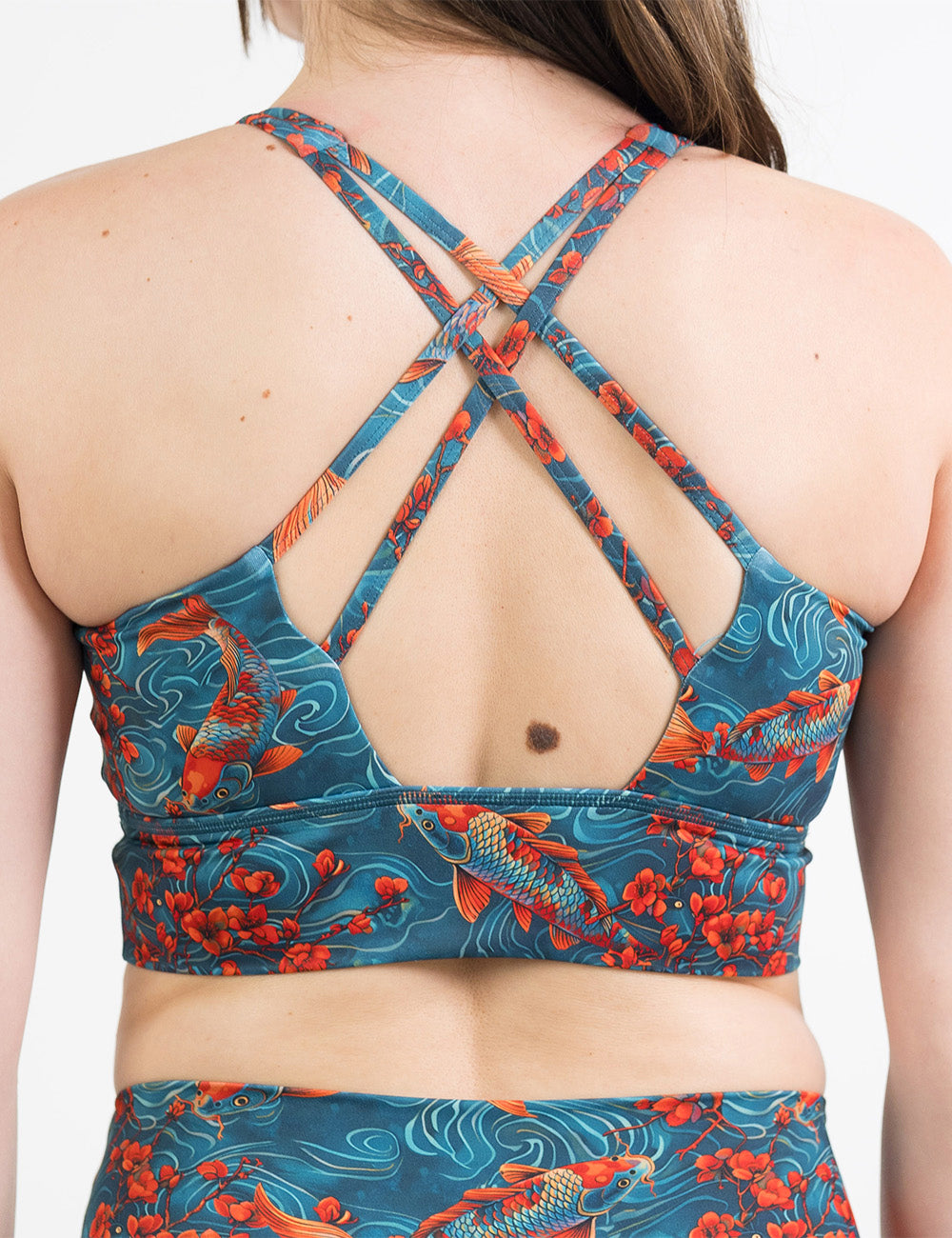 back of the koi fish swimming with orange flowers longline bra