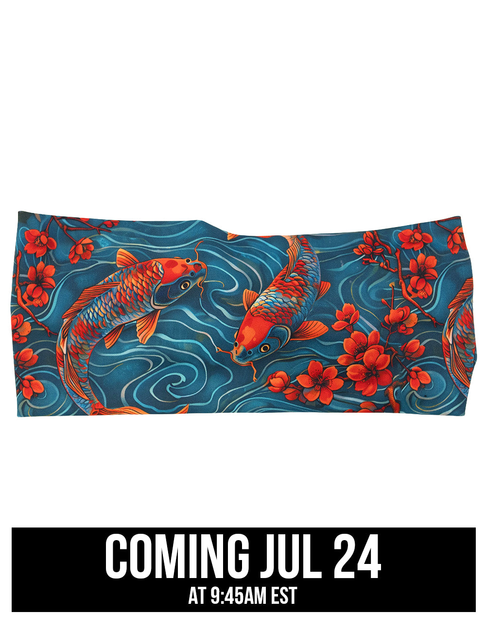 front of the swimming koi fish headband against a white background coming july 24th