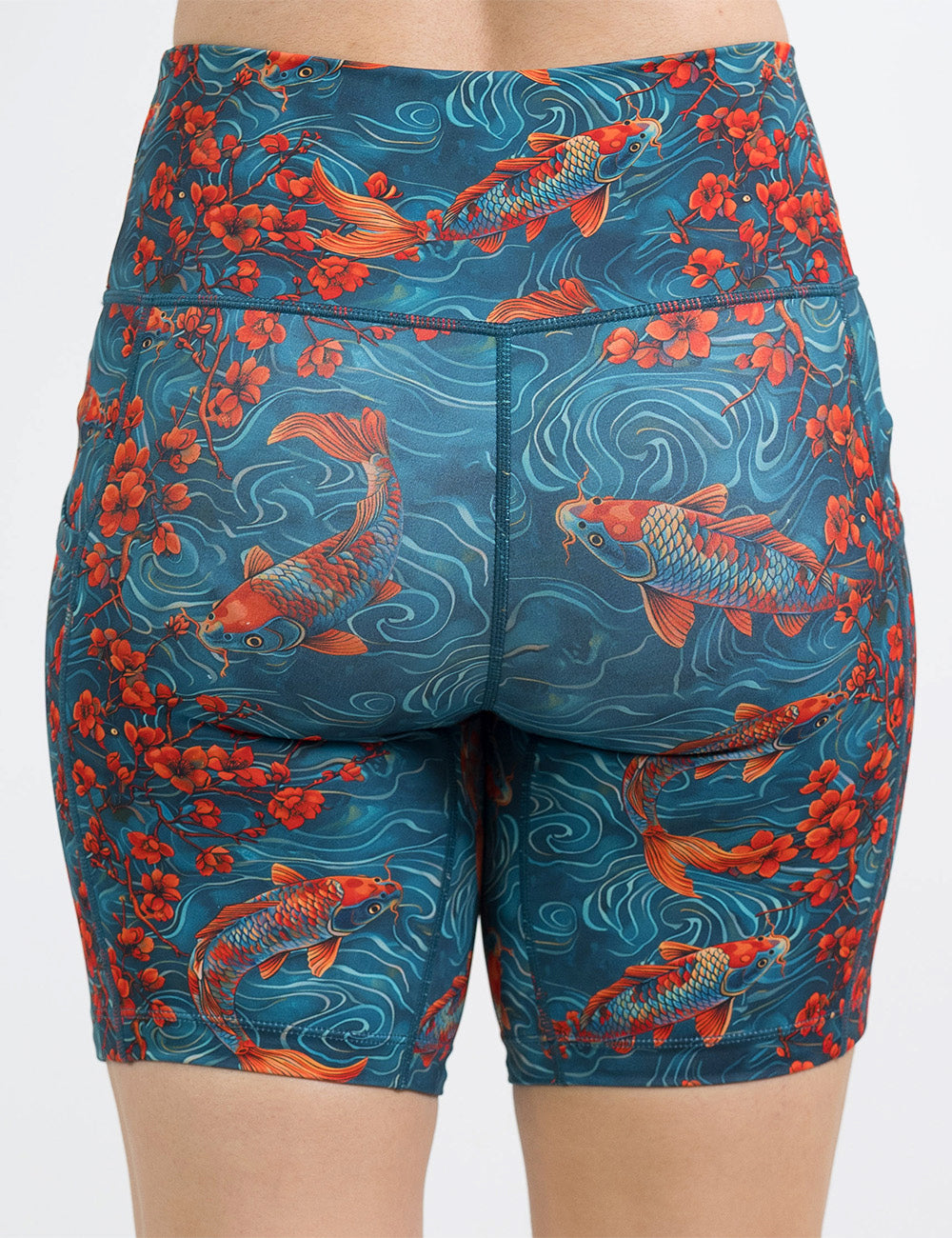 back of the 7 inch koi fish swimming with orange flowers shorts