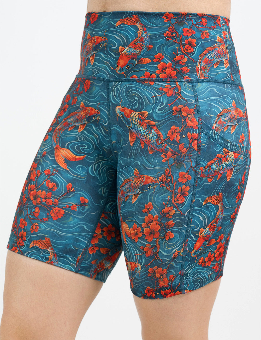 front of the 7 inch koi fish swimming with orange flowers shorts