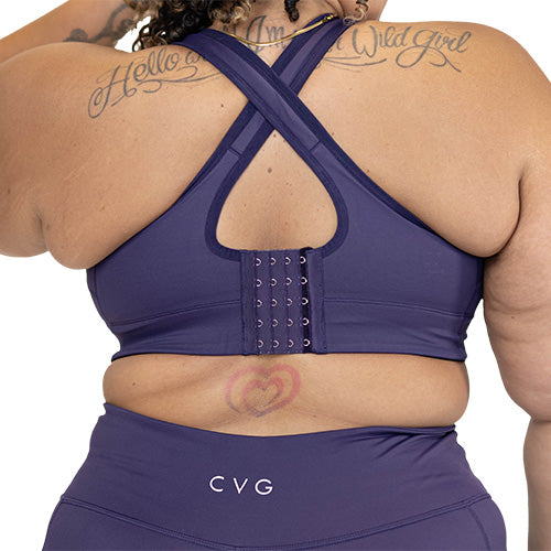 back of purple front zipper bra