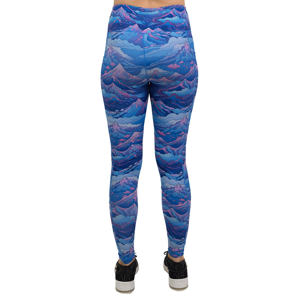 back of the Blue, pink and purple patterned leggings