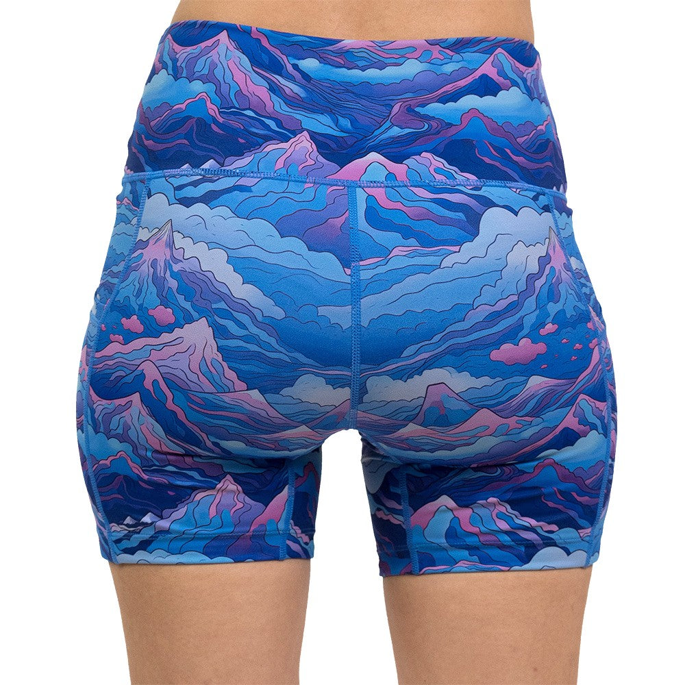 back of the Blue, pink and purple patterned shorts