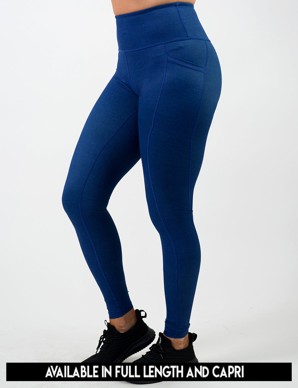 available lengths for the blue denim inspired pattern leggings, lengths include full length and capri