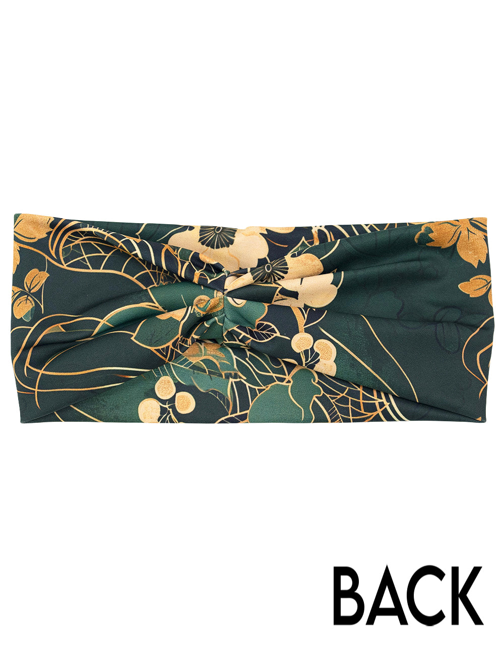 back of the gold flowers and green leaf with gold accents headband against a white background