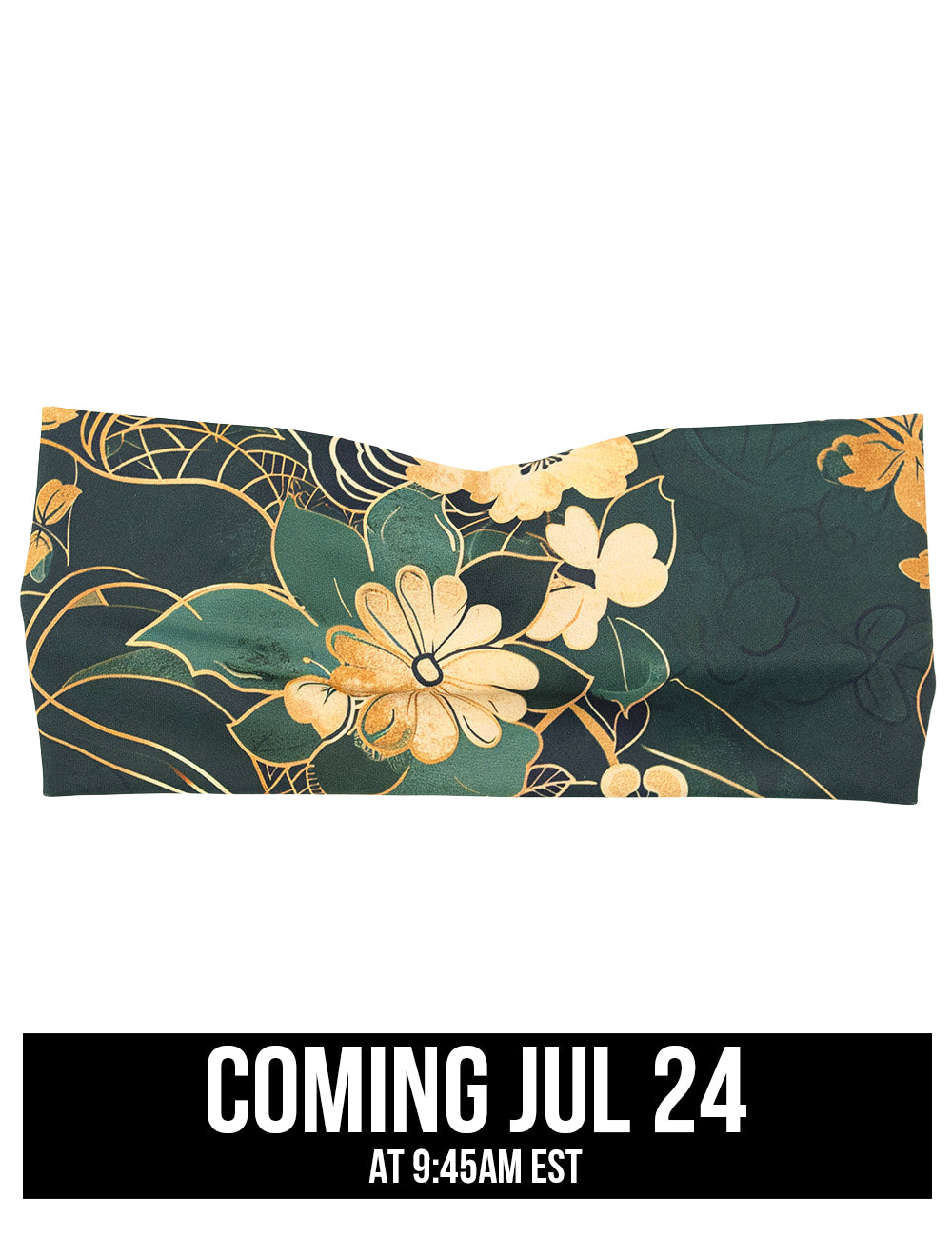 front of the gold flowers and green leaf with gold accents headband against a white background, coming july 24th