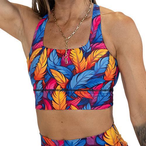 colorful feather patterned sports bra